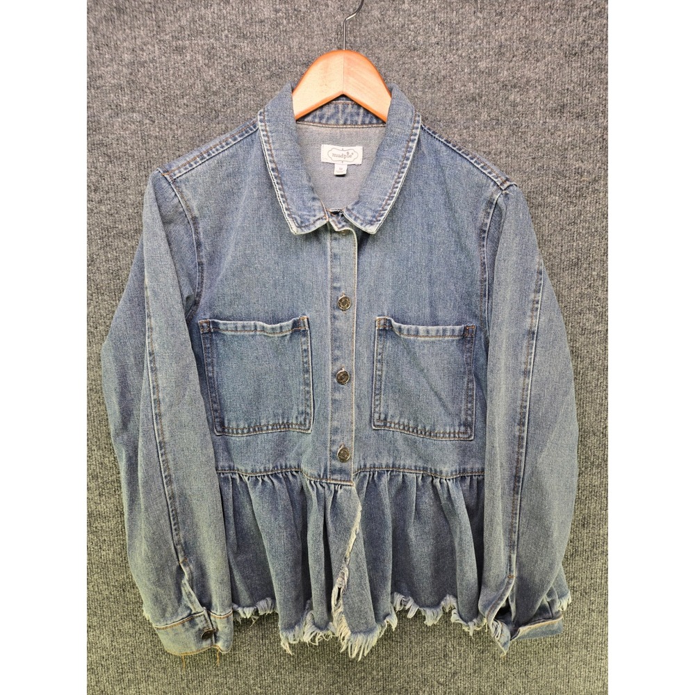 Mud Pie Womens Medium Wash Peplum Denim Jacket Frayed Hem Size M